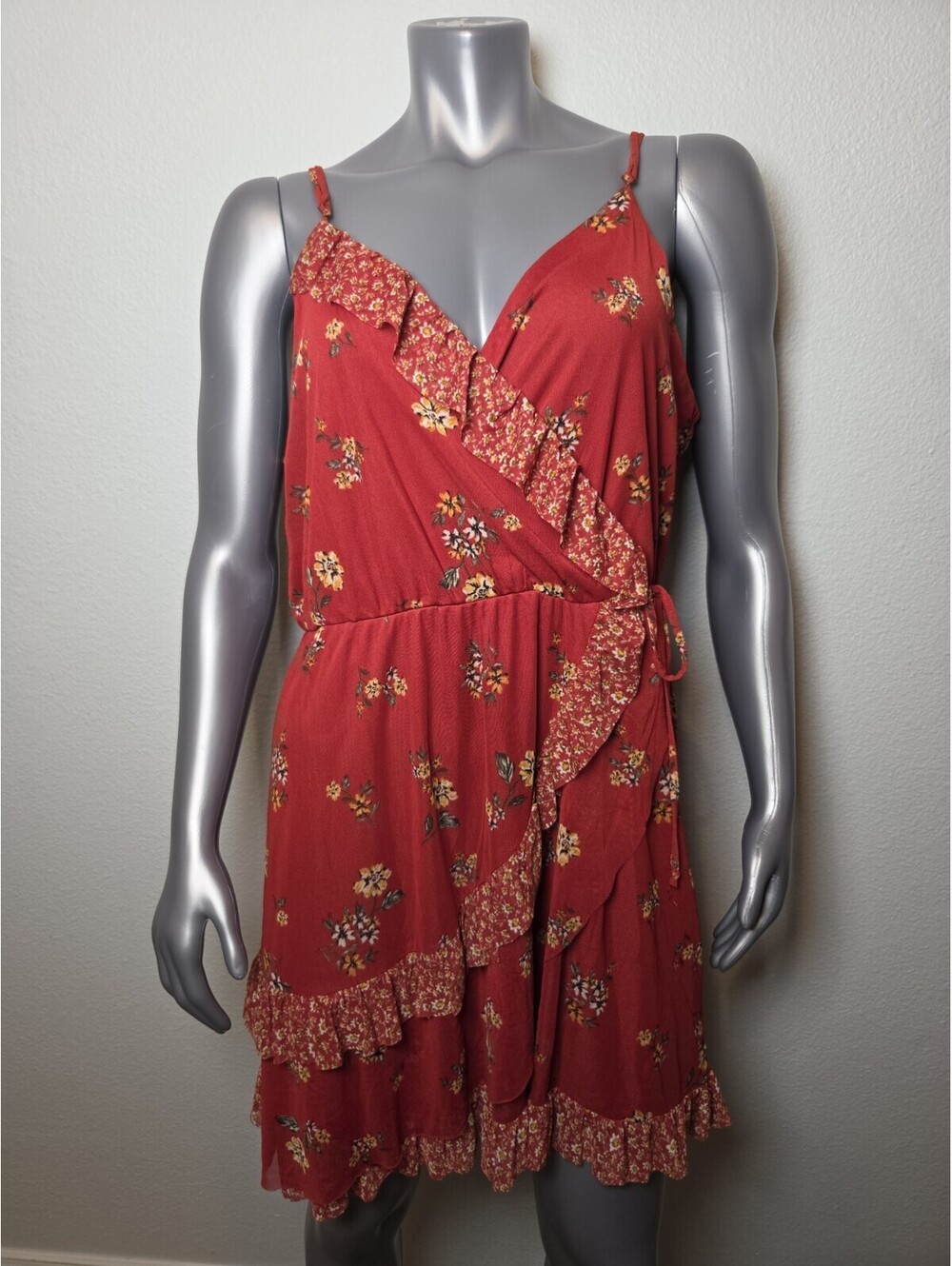 Xhilaration Burgundy Red Floral Wrap Dress Mesh Spaghetti strap 12 Ruffle JRS